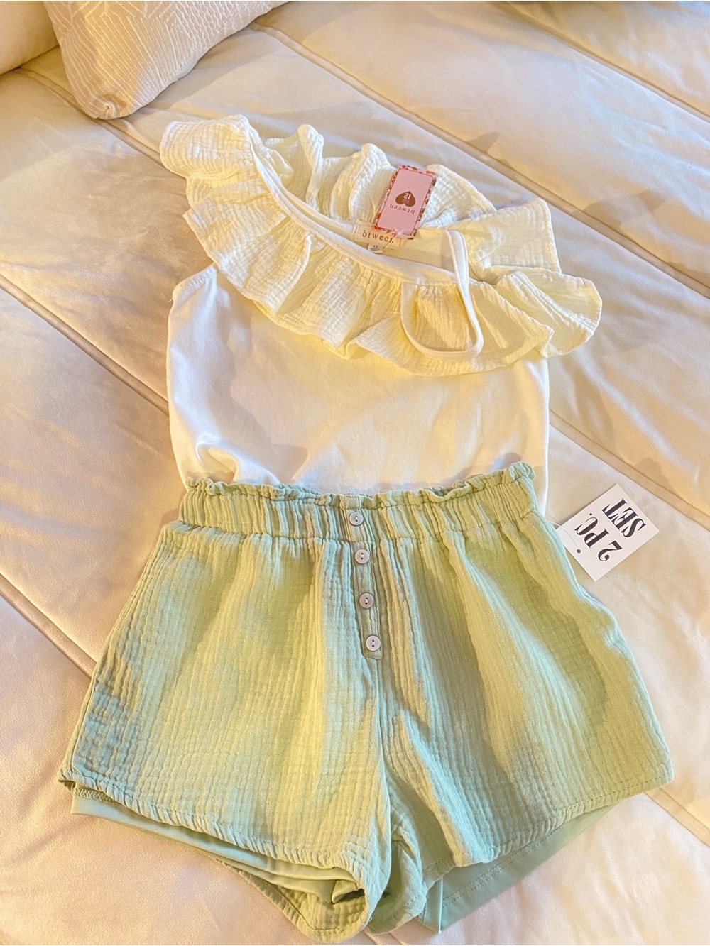 Btween 2 piece set Cream Ruffle Tank with Mint Green Button-Front Shorts